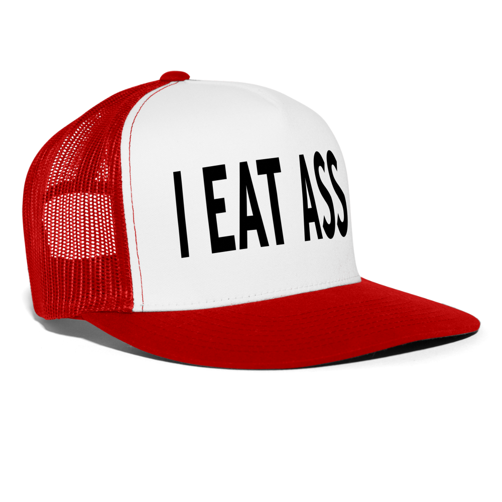 I Eat Ass Funny Party Snapback Mesh Trucker Hat - white/red