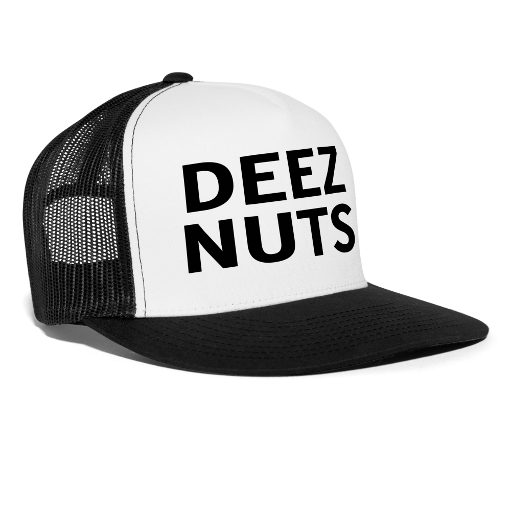 Deez Nuts Funny Party Snapback Mesh Trucker Hat - white/black