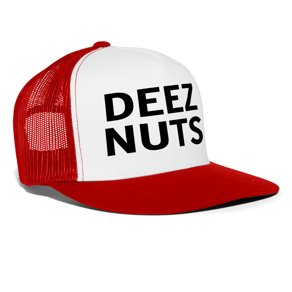 Deez Nuts Funny Party Snapback Mesh Trucker Hat - white/red