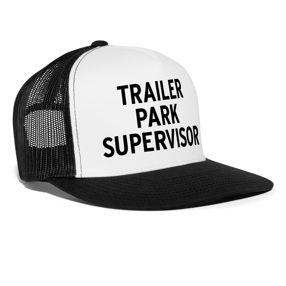 Trailer Park Supervisor Funny Party Snapback Mesh Trucker Hat - white/black