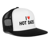 I Love Hot Dads Heart Funny Party Snapback Mesh Trucker Hat - white/black