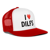 I Love DILFs Heart Funny Party Snapback Mesh Trucker Hat - white/red