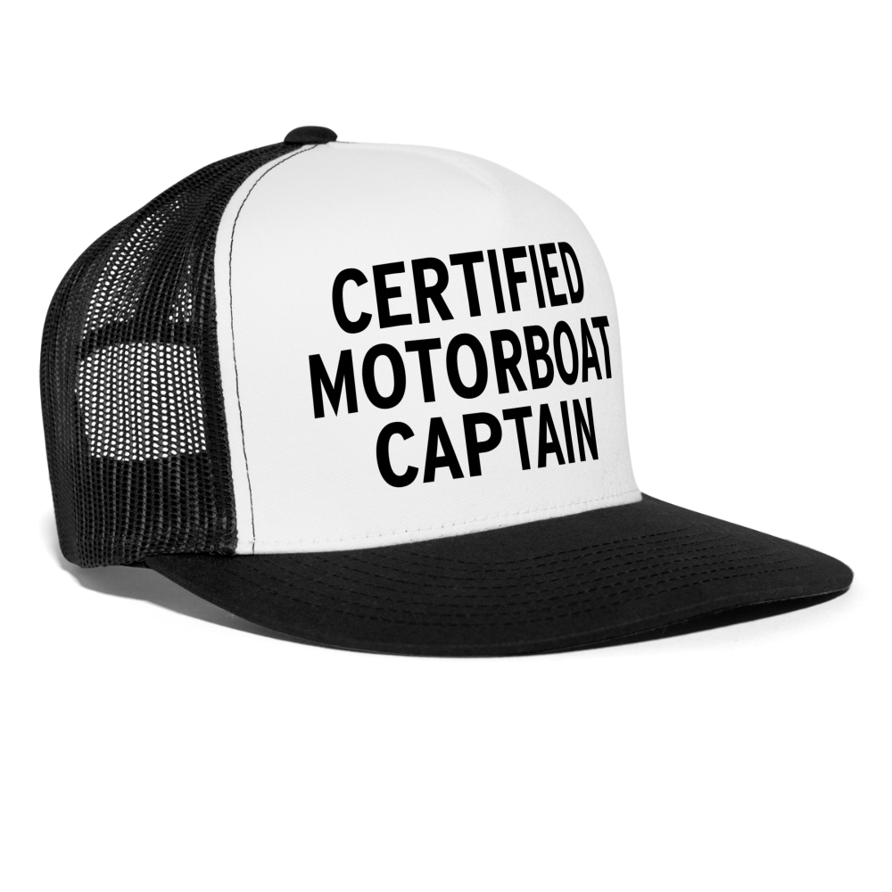 Certified Motorboat Captain Funny Party Snapback Mesh Trucker Hat - white/black