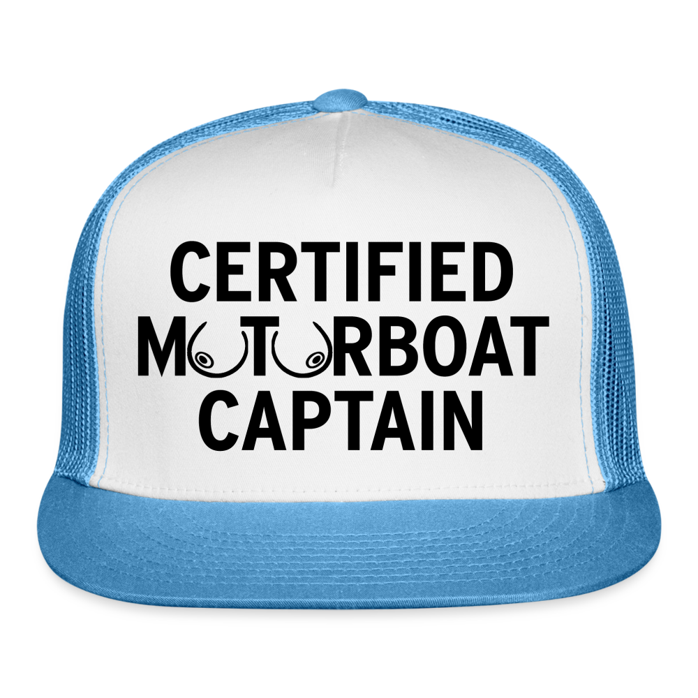 Certified Motorboat Captain Funny Party Boobs Snapback Mesh Trucker Hat - white/blue