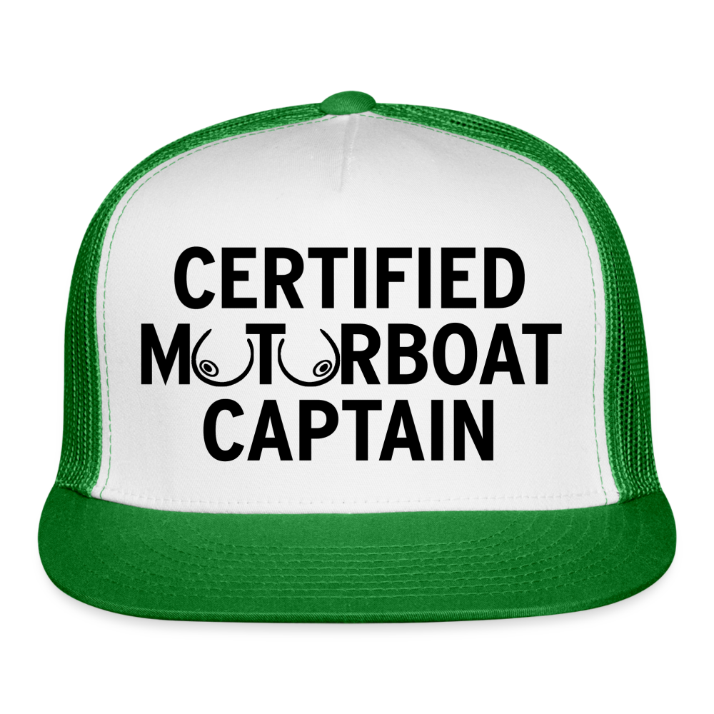 Certified Motorboat Captain Funny Party Boobs Snapback Mesh Trucker Hat - white/kelly green