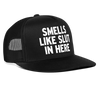 Load image into Gallery viewer, Smells Like Slut In Here Funny Party Snapback Mesh Trucker Hat - black/black