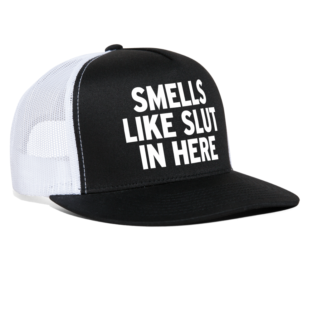 Smells Like Slut In Here Funny Party Snapback Mesh Trucker Hat - black/white