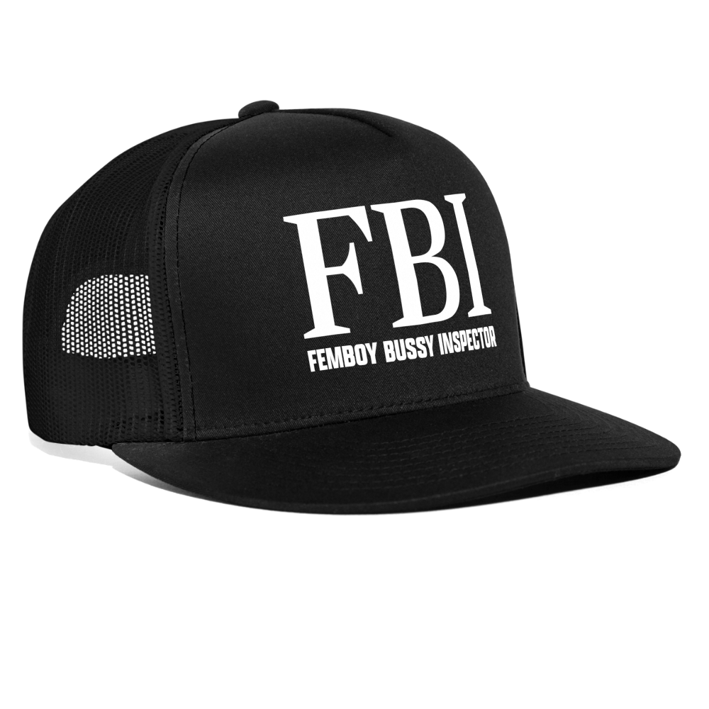 Femboy Bussy Inspector FBI Funny Gay Snapback Mesh Trucker Hat - black/black