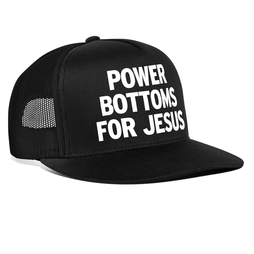 Power Bottoms For Jesus Funny Gay Party Snapback Mesh Trucker Hat - black/black