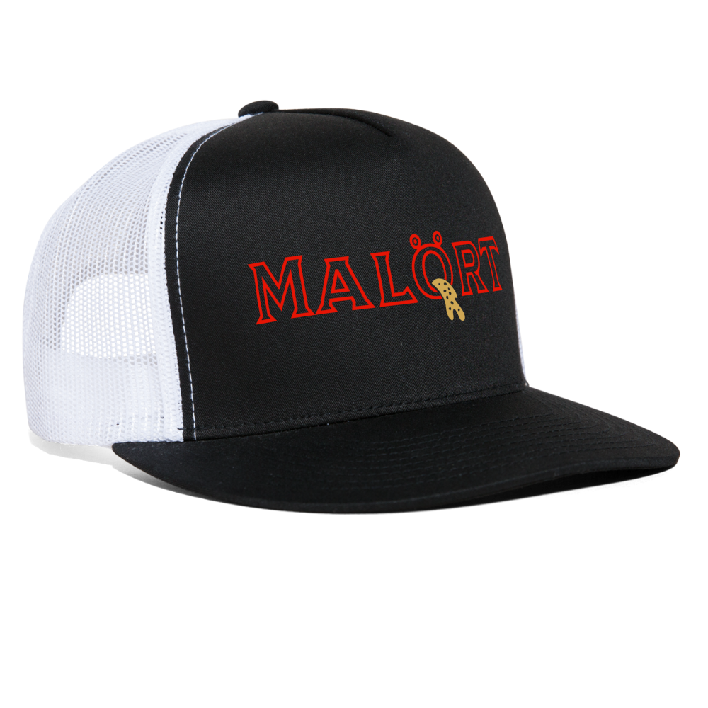 Malort Puke Parody Funny Drinking Hat Snapback Mesh Trucker Hat - black/white