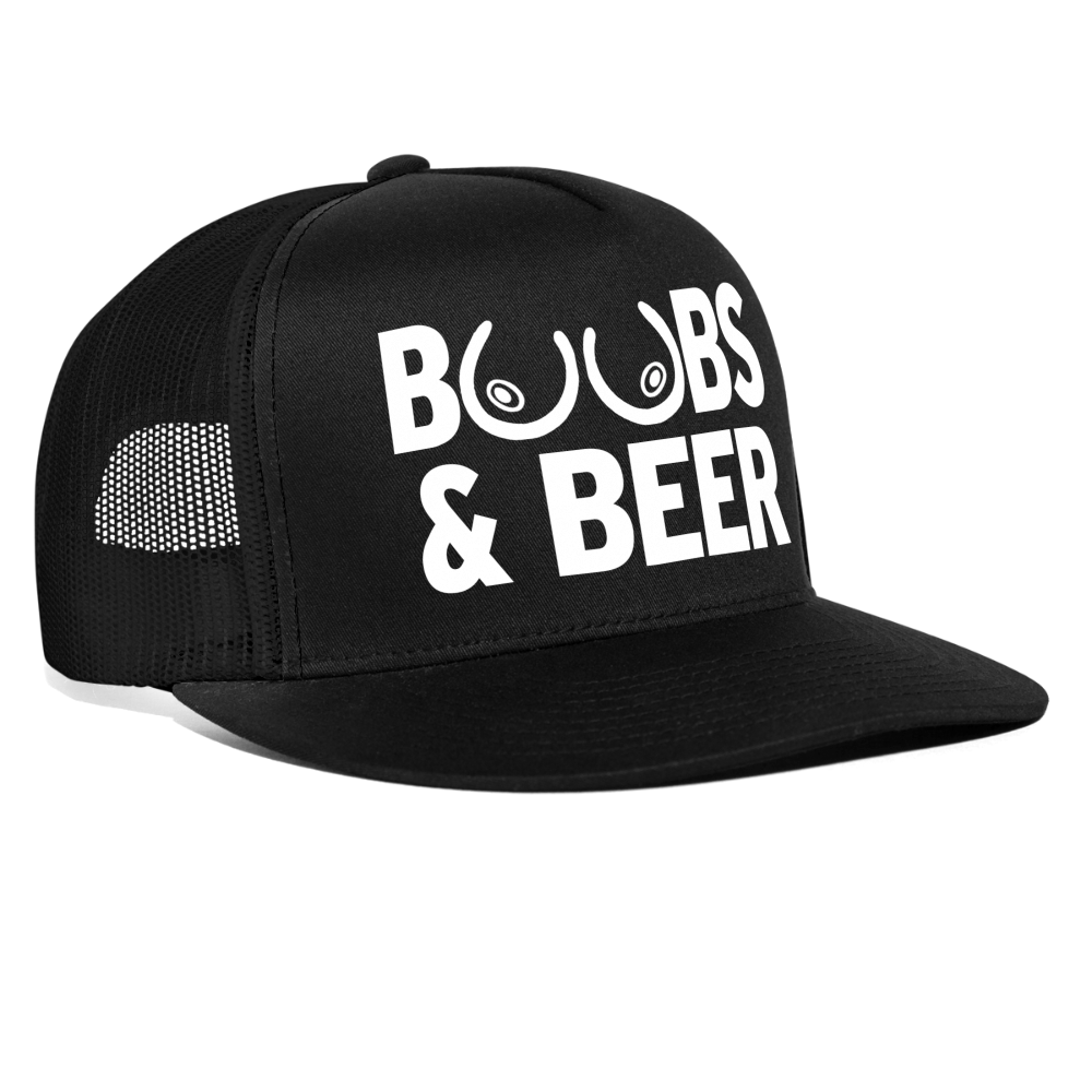 Boobs and Beer Funny Drinking Hat Party Snapback Mesh Trucker Hat - black/black