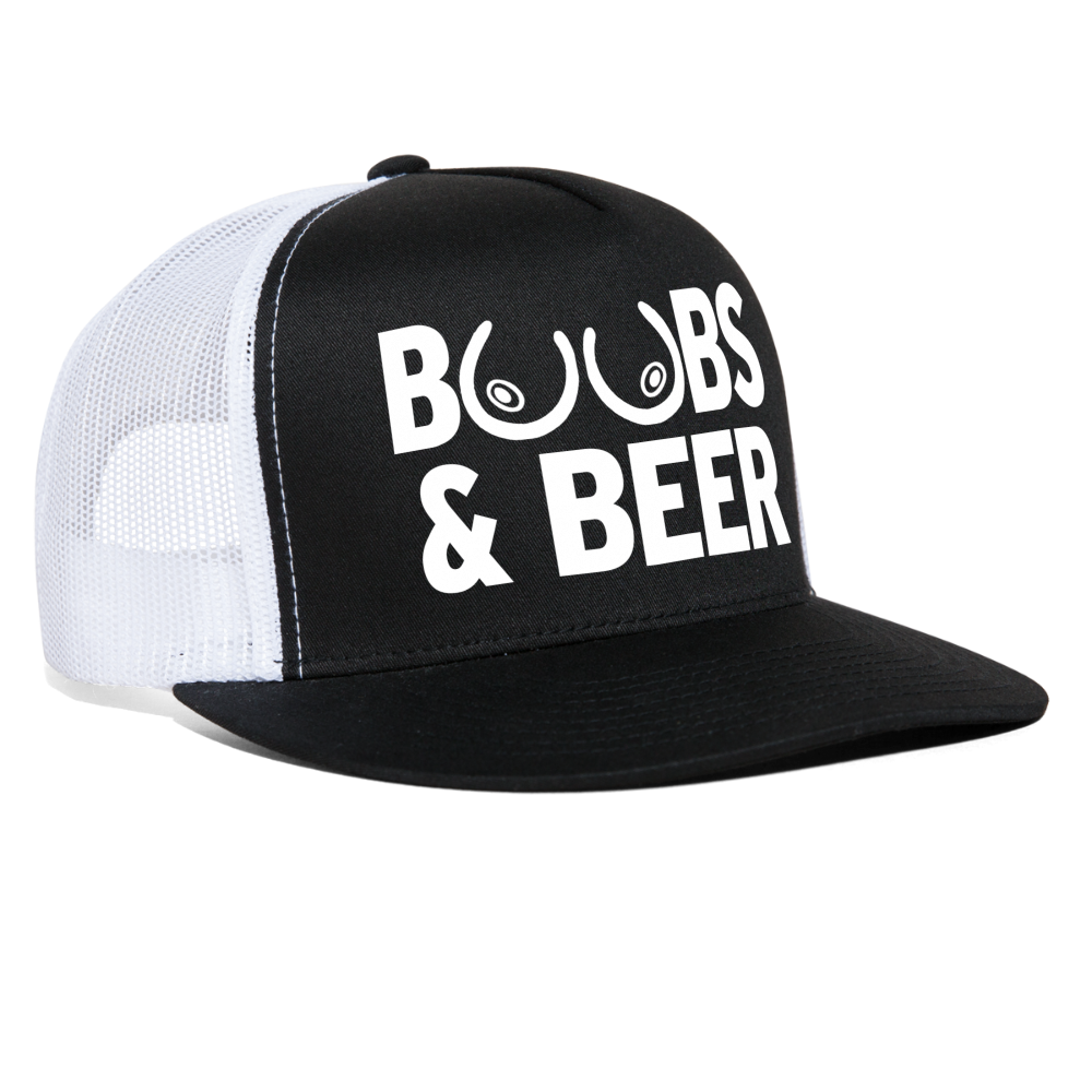 Boobs and Beer Funny Drinking Hat Party Snapback Mesh Trucker Hat - black/white