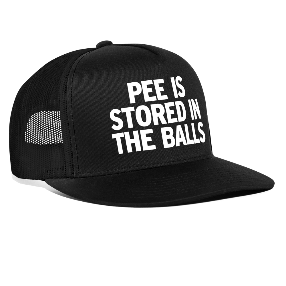 Pee Is Stored In The Balls Funny Party Snapback Mesh Trucker Hat - black/black