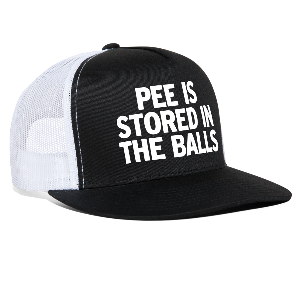 Pee Is Stored In The Balls Funny Party Snapback Mesh Trucker Hat - black/white
