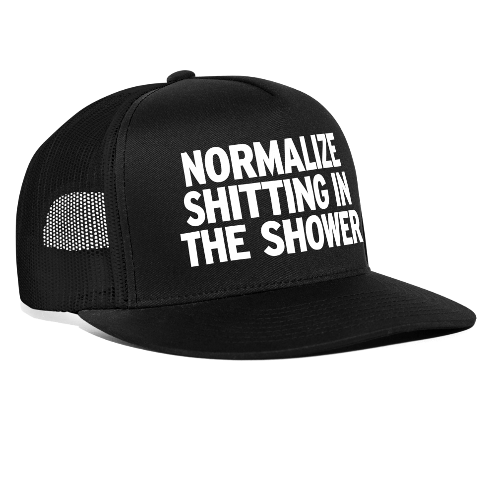 Normalize Shitting In The Shower Funny Party Snapback Mesh Trucker Hat - black/black