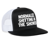 Load image into Gallery viewer, Normalize Shitting In The Shower Funny Party Snapback Mesh Trucker Hat - black/white