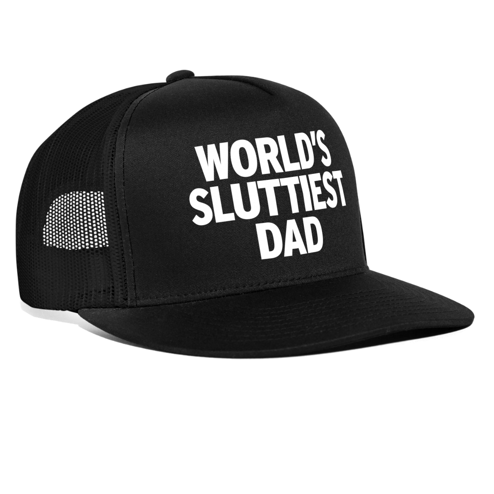 World's Sluttiest Dad Funny Party Snapback Mesh Trucker Hat - black/black