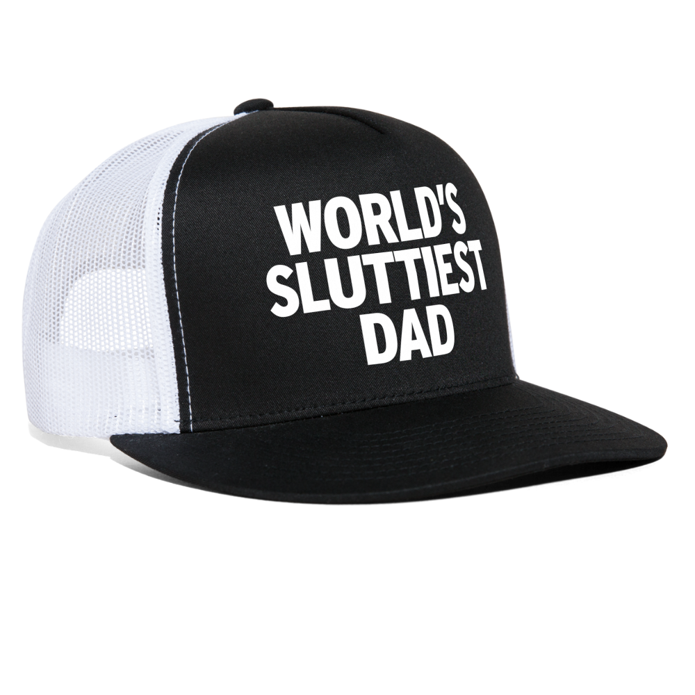 World's Sluttiest Dad Funny Party Snapback Mesh Trucker Hat - black/white