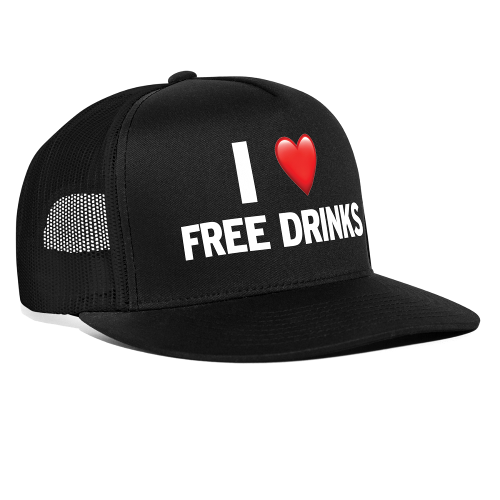 I Love Free Drinks Funny Party Snapback Mesh Trucker Hat - black/black